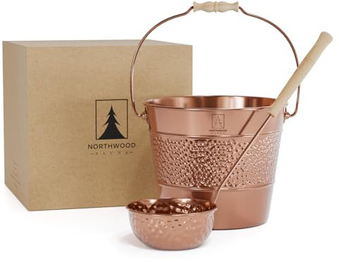 Northwood Sauna Sauna-Eimer und Schöpflöffel-Set, handgefertigt aus 100 % reinem Kupfer, Griffe aus Eukalyptusholz, 4 Liter Wasserkapazität
