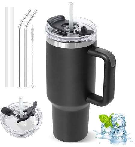 ZAKVOP Thermobecher mit Strohhalm, 1200ml Trinkbecher mit Deckel und Strohhalm, Isolierbecher mit Henkel, Kaffeebecher to Go Thermo für Kaltes und Heißes, Tumbler Cup Travel Mug mit 2 in 1Deckel