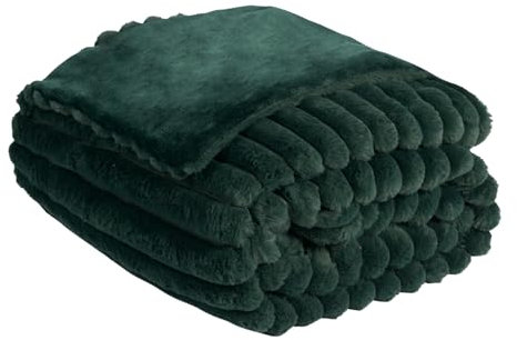 OHS Green Blanket Throw Faux Fur, Winter Warm Thick Ribbed Blanket for Bed Sofas Fleece Throws for Home Decorative Comfy Super Soft Couch Cover - Green Throw 125 x 150cm