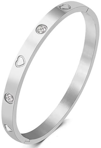 RIXERKOC Bracciale Rigido Donna, Bracciale in acciaio inox lucidato con catena intarsiata di zirconi, regalo di compleanno, matrimonio, San Valentino (Argento-Cuore(52 * 62mm))