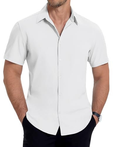 COOFANDY Mens Short Sleeved Shirts Plain Formal Shirt Stretch Office Work Shirt Business Casual Regular Fit Button Down Shirts White L