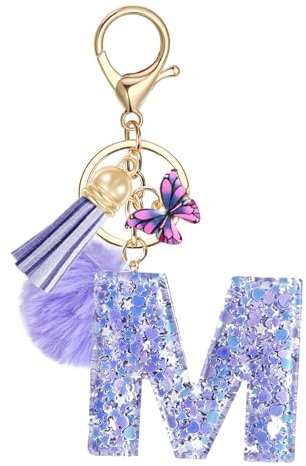 JSRQT Porte-clés avec Lettre Initiale M Violet Personnalisée Keychain pour Fille Femmes Cadeaux Décor Résine Charmes en Pendentif Papillon Pampille