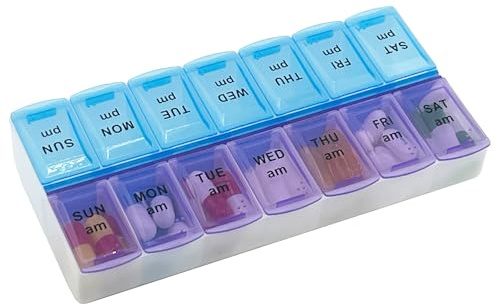 MEDca Pilulier – Petit pilulier avec compartiments hebdomadaires et quotidiens 2 fois par jour pour le matin et le soir – Sans BPA, portable et facile à transporter
