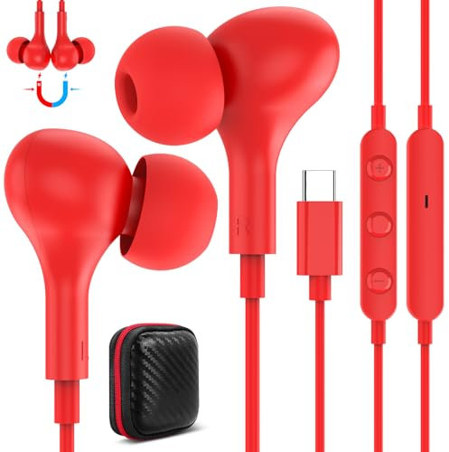 Auriculares USB C para Galaxy A55 A35 A16 5G Samsung A54 A34 A33 A53,Magnéticos Tipo C Audifonos con Cable Micrófono Control de Volumen,Auricular USB C para iPhone 16e 15 Pixel 9 8a Mi 14 13 iPad,Rojo
