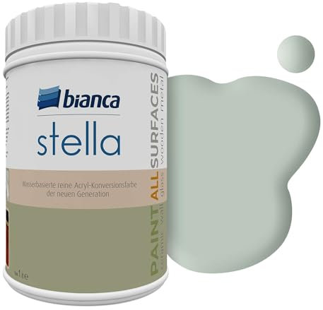 Bianca Stella Pintura para muebles premium sin lijado para cocina y baño, Verde niebla, Brillante, 1000ml, a base de agua, pintura acrílica para todas las superficies, madera, azulejos, metal
