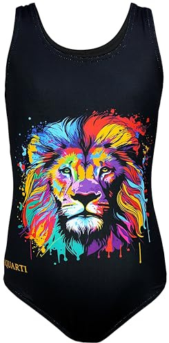 Aquarti Badeanzug Mädchen – Sportlicher Mädchen Badeanzug mit Ringerrücken Print, Farbe: Bunter Löwe/Schwarz, Größe: 164