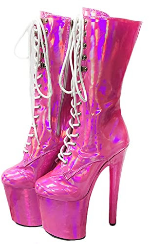Stivali da Donna a metà Polpaccio con Plateau a Punta Tonda e Tacco a Spillo da 20 cm - Stivali Alti Stringati Taglie Forti per Discoteche, spettacoli teatrali,Rosa,45 EU