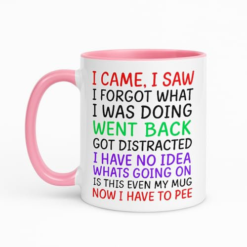 Gift Island I Came I Saw I Forgot Mug - ADHD Mug Funny Silly Present for Women for Birthday - Christmas - Mum, Friend, Sister & Colleague Secret Santa Work - Quotes - 11oz (Pink Handle)