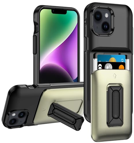Vofolen for iPhone 14 Case with Card Holder [Max 2 Cards] Military Grade Shockproof Phone Cases with Stand Heavy Duty Protective Slide Card Slot Wallet Cases for iPhone 14 Phone Case-Gold