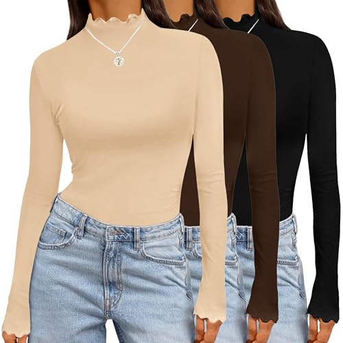 Ekouaer Womens 3 Pack Long Sleeve Shirts Turtleneck Tops for Women Stretch Fitted Thermal Undershirt Layer S-XXL,Black+Brown,M