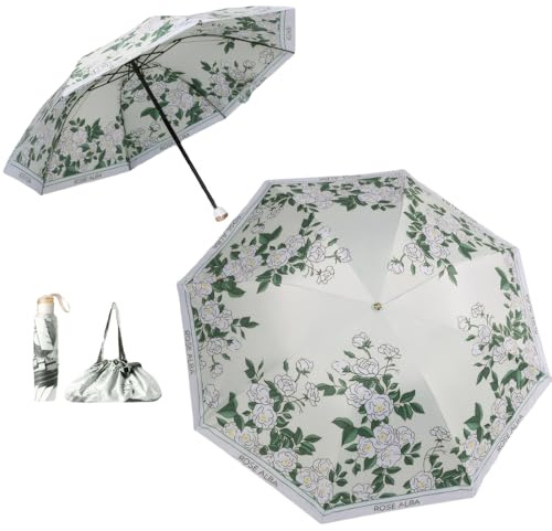 Meichoon UPF50+ Paraguas con bolso Protección UV Portátil Ligero Impermeable Sombrilla de doble capa Diseño mejorado a prueba de viento Flor clásica retro Estilo vintage para mujer Viajes