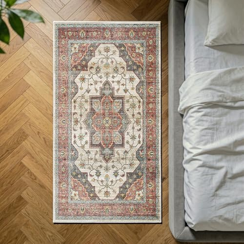 Decoranddecor Persian Kitchen Rug 80x150cm Washable Bedroom Non-Slip | Beige Kitchen & Bedroom Rug, Machine Washable Rug, Area Rug, 6mm Low Pile, Pet Friendly, Stain Resistant