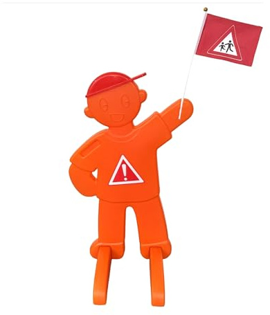 Relaxdays Warnfigur Kinder, mit Fahne, Sicherheitsaufsteller, Straße, HBT: 84x52x46 cm, Warnschild reflektierend, orange