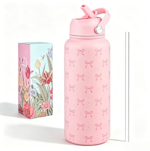 Pink Bow Water Bottle, 32oz/1L Stainless Steel Insulated Water Bottle with Straw and Handle, Cold and Heat Preservation, Leak-Proof Water Bottles for School Gym Travel, Gifts for Teens Girls Women