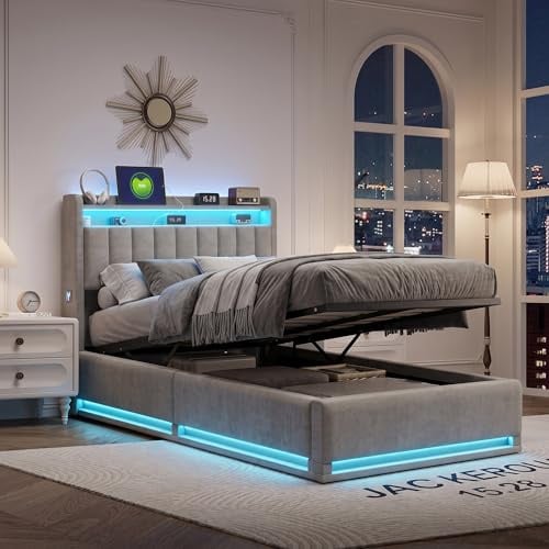 Bett mit Stauraum 90x200,Einzelbett Bettgestell,Hydraulisches Stauraumbett | Jugendbett mit Stauraum,Aufklappbett,Gästebett,Gepolstertes Einzelbett mit Bettkasten,Kinder Einzelbett,ohne Matratze,Grau