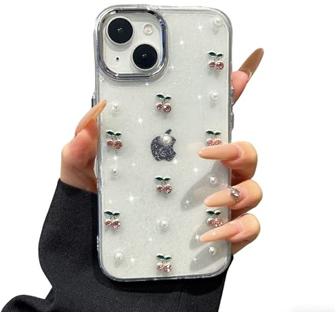 EYZUTAK Coque de Téléphone pour iPhone 13/iPhone 14, Brillant 3D Cerise Cas de Étui Mignon Brillant Clair Cherry Design Esthétique Doux TPU Transparent Housse de Protection - Cerise Rose