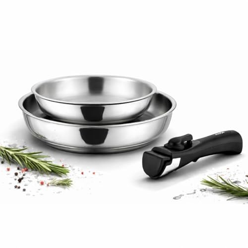 Cflagrant Set de 2 Poêles Inox 18/10 - (avec ou sans) Manche Amovible – Sans PFAS, Sans PTFE, Sans PFOA – Compatible Induction, Four & Lave-Vaisselle – Poêles Empilables – Cuisine Saine (20/24cm)