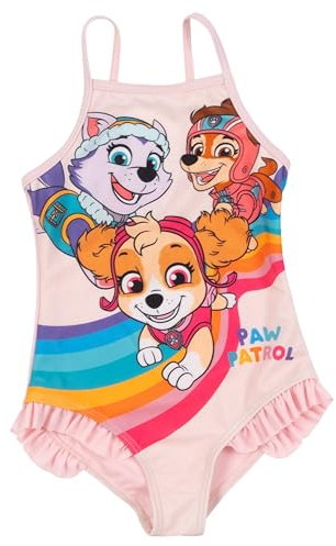 Paw Patrol Badeanzug mit Rüschen für Mädchen - Skye, Everest & Zuma Kinder Schwimmanzug Einteiler Rosa