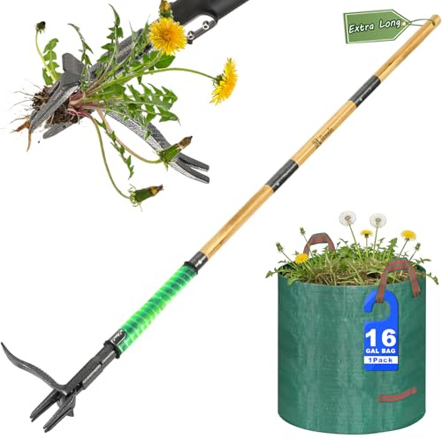 Bamda Unkrautstecher für Garten, Rasen und Hof, 146 cm | Inkl. 60L Laubtasche, Doppelter Auswurf, 4-Zahn-Stahlkopf, Robust & Langlebig, Einfache Pflege