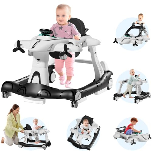 Xilingol 6 in 1 Baby Lauflernhilfe,Lauflernwagen höhenverstellbar mit Licht & Musik, Baby Walker Flugzeugform mit Einstellbarer Geschwindigkeit, Gehfrei für Kinder ab 6 Monaten,Weiß