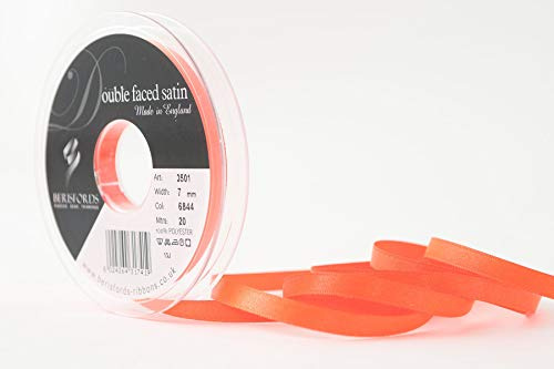 Berisfords 3501 7mm 6844 Fluorescent Orange Double Satin Ribbon x 20mtr, Flo, 7 mm