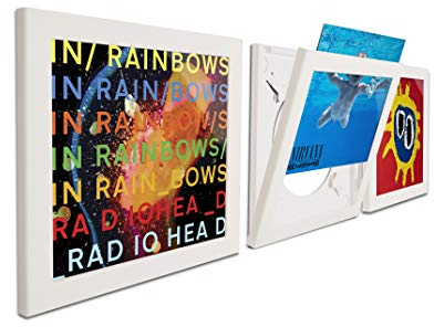 PLAY AND DISPLAY Art Vinyl Schallplattenrahmen, für Single-Vinyl oder 1 bis 3 LPs/Doppel-LP Klapphülle | 38 × 38 cm Weißer Flip-Rahmen mit UV-Schutz und kratzfestem Acryl, einfache Wandmontage