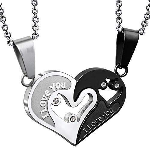 2 piezas de acero inoxidable collar pareja enamorada para 2, colgante de pareja enamorada, corazón collar colgante mujer hombre plata negro amor colgante corazón separable amiga rompecabezas cadena 50