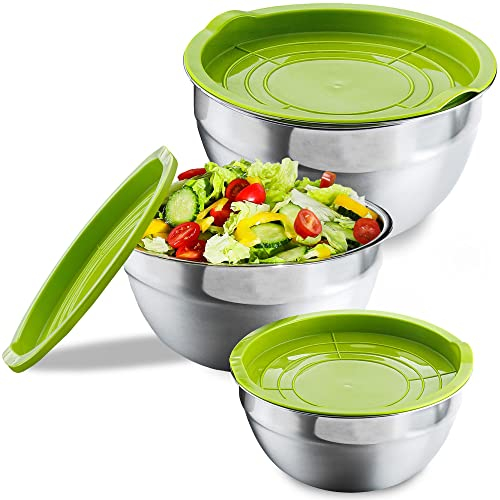 Praknu 3 Bol Ensalada con Tapa - Ensaladera Acero Inoxidable - Hermeticos - Apilables - Ahorra Espacio - Bol Metalico para Ensalada, Reposteria