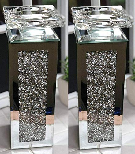 Set of 2 Crushed Diamond Crystal candle holder Tealight holder Clear Silver Mirror Glass Tall Pillar Taper Candle Holder Home Decor Wedding 25cm