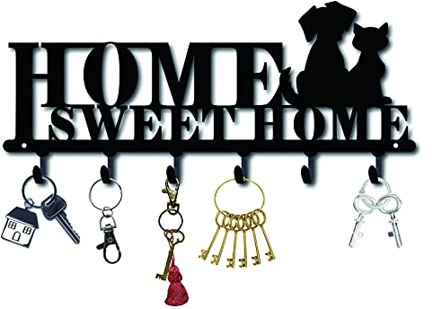 CREATCABIN Crochet Cintre Porte-Clé Murale Cintre Monté Décoratif en Métal avec Mot Sweet Home et Chiens Caractéristique Design Organisateur Rack avec 6 Crochets pour Mur, Salle de Bains