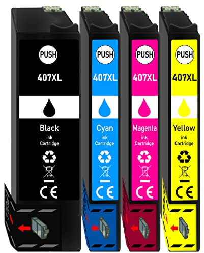 Druckerpatronen 4er-Multipack kompatibel für Epson 407XL - WF4745 | 4 XL-Druckerpatronen: 1x Schwarz, 1x Cyan, 1x Magenta und 1x Gelb, mit Chip und Füllstandsanzeige