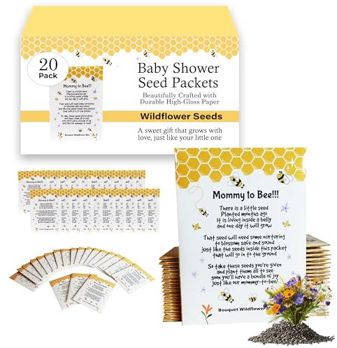 Lot de 20 paquets de graines de fleurs sauvages pré-remplis pour fête prénatale de maman à abeille - Pré-remplis - Mélange de fleurs sauvages - Graines sans OGM - Sexe neutre - Oh Baby - Cadeaux