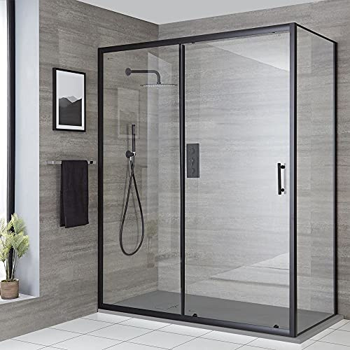 MILANO Black Corner Sliding Door Shower Enclosure Grey Tray 1400 x 900mm | Toughened Glass Panels. Aluminium Profile. Contemporary Style. Framed Design. Corner Installation. Light Grey Tray & Waste.