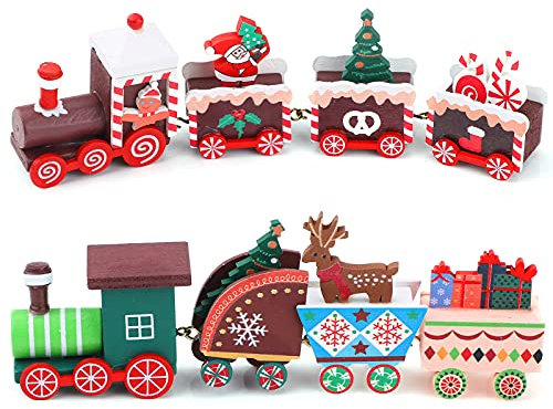 2 Stück Weihnachtszug Holz Weihnachts-Holzeisenbahn Kleiner Zug Dekoration Weihnachtsminiatur-Holzornamente Weihnachten Zug Holzeisenbahn Zug Weihnachtsbaum Deko für Weihnachts Kindergarten Geschenke