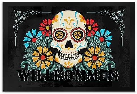 speecheese Willkommen Fußmatte XL in 40x60 cm mit Totenkopf und Blumenmotiv bunter Fußabstreifer mit Totenschädel kreative Dekoration für den Hauseingang