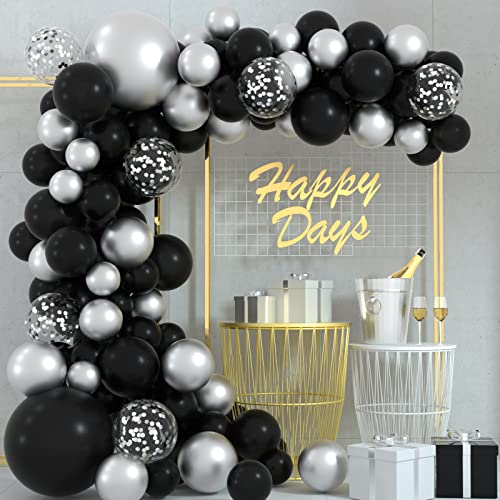 FEPITO 108 Stück Schwarz Silber Ballon Girlande Arch Kit 5 10 12 18 Zoll Schwarz Silber Konfetti Luftballons für Geburtstag Hochzeit Braut Babyparty Abschlussfeier Dekorationen