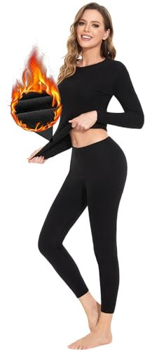 SIMIYA Womens Thermal Underwear Set Ultra Heat Long Sleeved Base Layer Tops & Fleece Lined Long Johns Thermal Pyjamas Black M