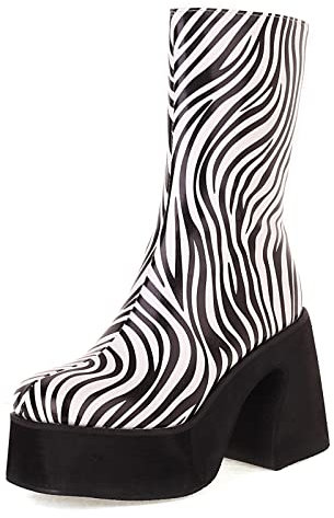 Bviennic Donna A Collo Alto Moda Tacco Chunky Plateau Boots Zip Punta Rotonda Inverno Stivali Equitazione Comodo Zebra Numero 40.5 EU-42Cn