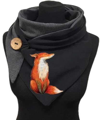 Damen Dreiecksschal,Winter Poncho Cape mit Knopf Herbst Halstuch Kuschelig Winterschal Vintage Lässige Wickelschal Schal Warme Schal Halswärmer Retro Drucken Herbstschal Weich Scarf,Fuchs