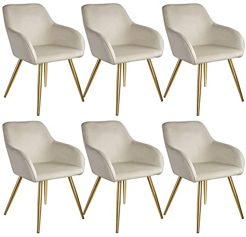 TecTake® Juego de Sillas Tapizadas en Terciopelo, Sillas de Comedor Ergonómicas y Versátiles, Gran Estabilidad y Capacidad de Carga, Sillas Cocina Elegantes - 6 Sillas Crema/Dorado