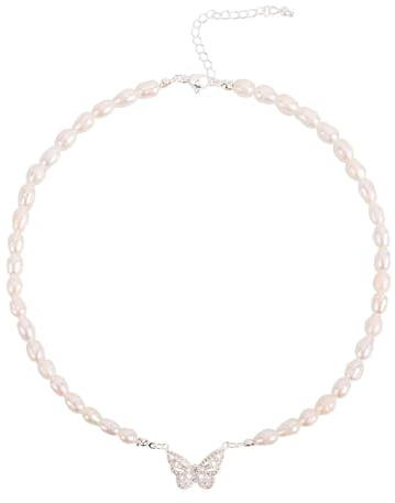 Ouran Collana di perle d'acqua dolce con perle autentiche da 6 mm - ciondolo di perle a forma di farfalla, fatto a mano