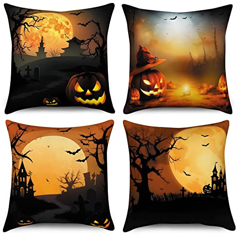 Housse de Coussin Halloween 40x40 Set de 4, Hnmdmyi Spooky citrouille pleine lune château arbre mort chauve-souris décoratif Housses de coussin noir orange lin housse de coussin pour canapé Home Decor