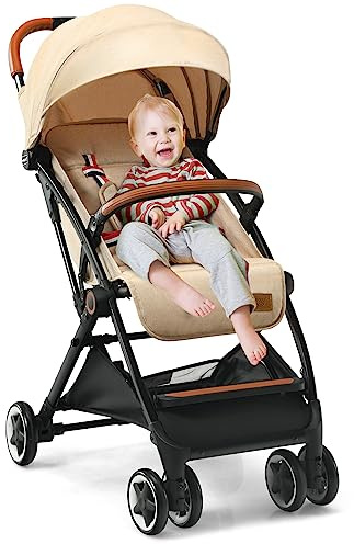 GOPLUS Vikbar barnvagn, resevagn med justerbart ryggstöd och utdragbart tak, bärbar sportvagn med förvaringskorg och låsbara hjul, för baby upp till 3 år gammal (beige)