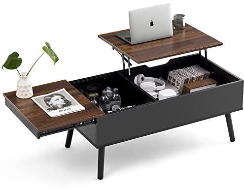 JanflyHome Höhenverstellbarer Couchtisch, Couchtisch mit Höhenverstellbarer Platte Lift Top, 2 Versteckter Speicher, Vielseitig Verwendbar Holzmöbel mit Großem Stauraum, Wohnzimmertisch, Braun