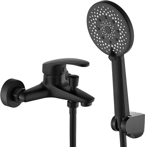 GERUIKE Grifo Bañera y Ducha Monomando con Alcachofa, Manguera y Soporte - Grifo de Bañera con Caño, 150cm Cable Ducha PVC, Cabezal Ducha con 5 Funciones - Negro Mate