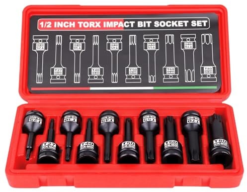 1/2''Jeu de Douilles Torx Embouts, T25 - T80 Robuste Clé Embouts à Douille, Pour clé à chocs pneumatique, électrique,10 Pièces