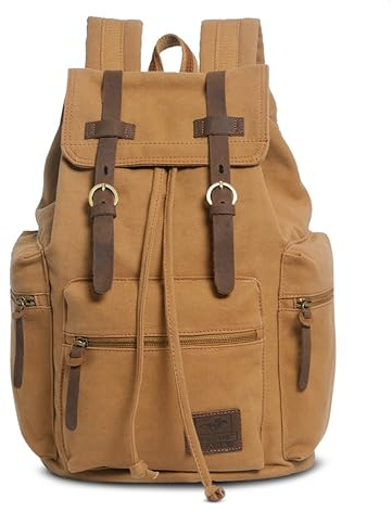 FOLOVEYA Retro Segeltuch Rucksack 15.6 Zoll Laptop Rucksack Vintage Canvas Herren Outdoor Tagesrucksack für Reisen Wandern Arbeit College Schulrucksack Männer Backpack