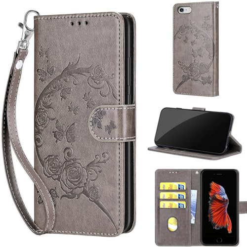Phone Case for iPhone 6 Plus / 6s Plus, Flowers and Butterflies - Grey | Shockproof Flip Wallet, Card Slots, Kickstand, PU Leather, Wrist Strap Lanyard