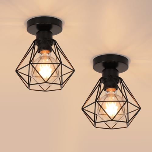 DELIPOP Deckenleuchte Vintage, Industrial Pendelleuchte Metall in Käfigform, Retro Deckenlampe E27 Hängelampe Lampenschirm Schwarz für Flur Studie Küche Büro Schlafzimmer, 2 Stücke