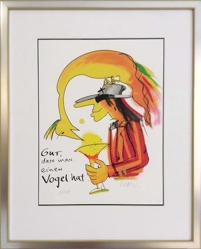 Kunstverlag Christoph Falk Gut, dass man einen Vogel hat - Udo Lindenberg Bild - handsignierte Auflage original Grafik im silberfarbenem Rahmen hinter Museumsglas. Likörell. Siebdruck.